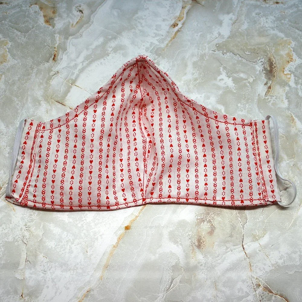 HAND CRAFTED Face Mask Hearts Stripe Adult Cloth Fabric Print - Shield Style
